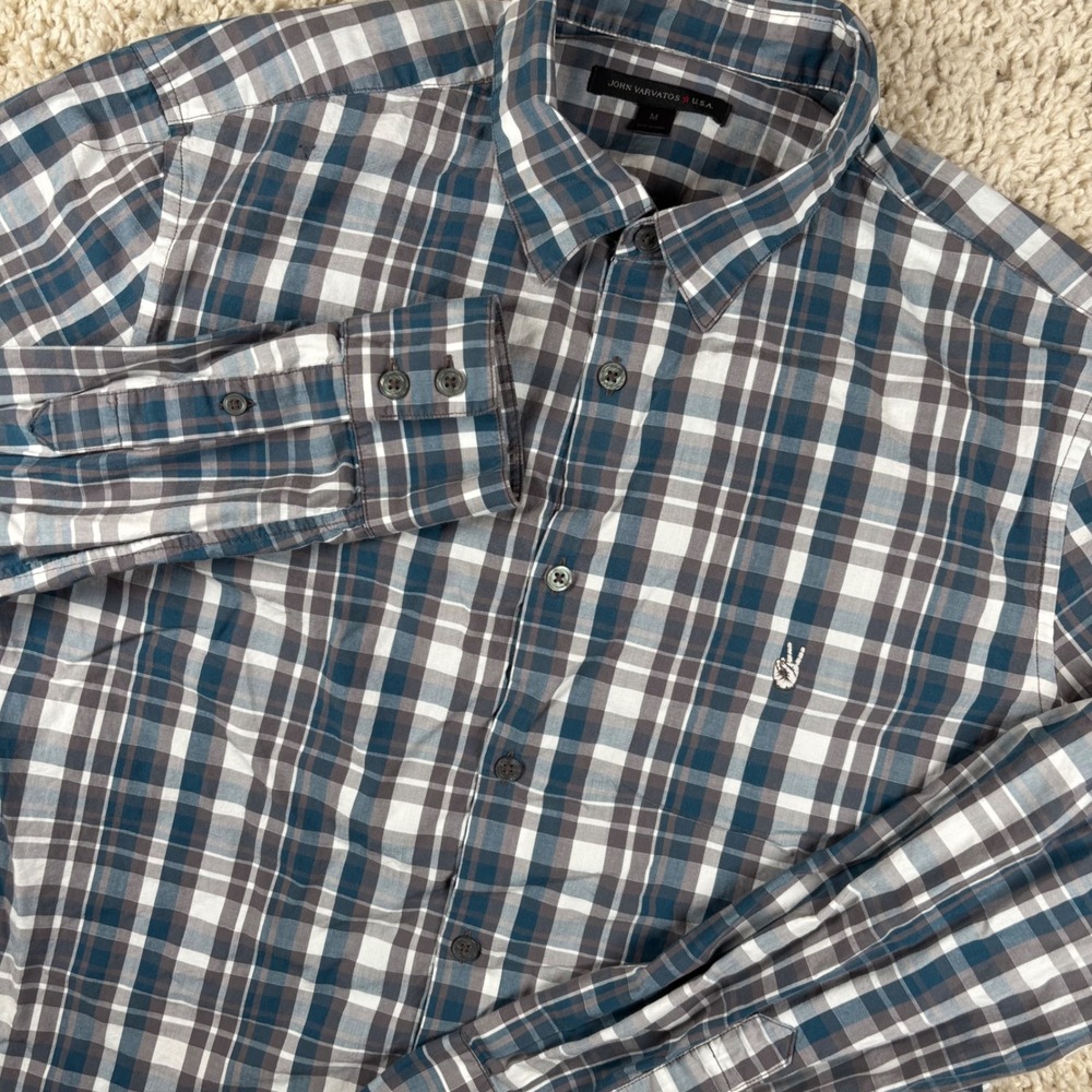 John Varvatos USA Mens Button Down Shirt M Blue Plaid Peace Sign Long Sleeve